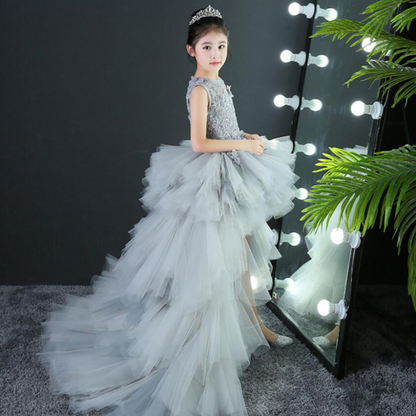 Girls' elegant pink lace applique princess prom gown with full tulle skirt and rhinestone detail