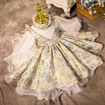 Girls' elegant white lace floral princess ball gown dress, perfect for weddings or special occasions