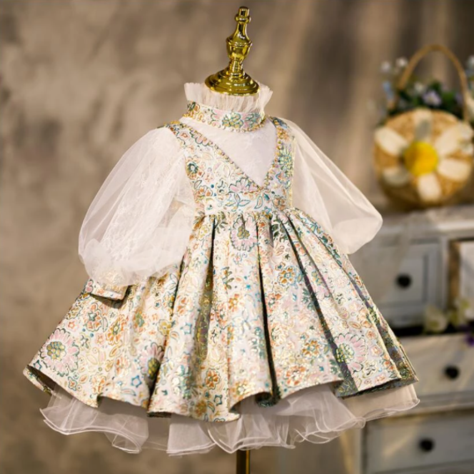 Girls' formal white lace floral ball gown dress, ideal for birthday parties and Easter
