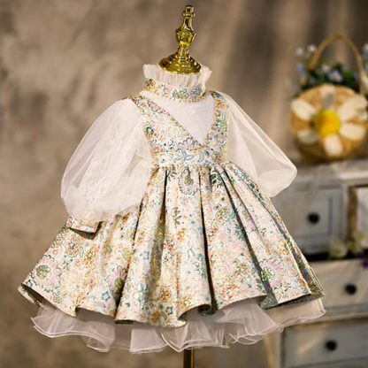 Girls' formal white lace floral ball gown dress, ideal for birthday parties and Easter