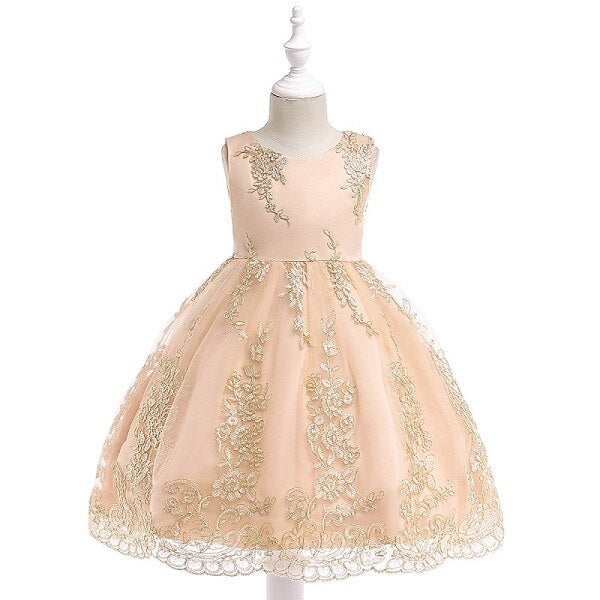 Sweet sleeveless princess dress for girls, featuring lovely floral embroidery.
