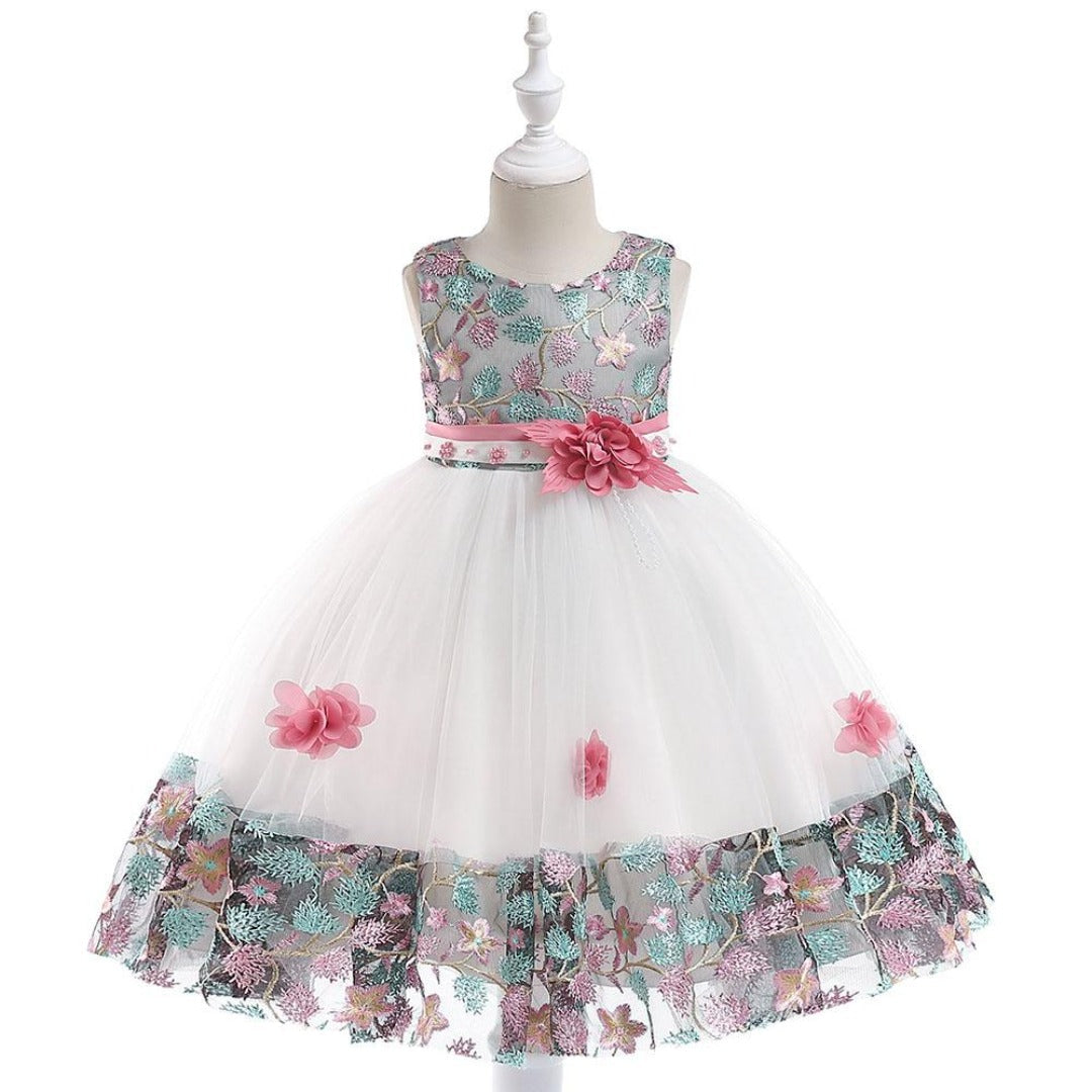 Sleeveless knee-length princess dress for girls, featuring beautiful floral embroidery.