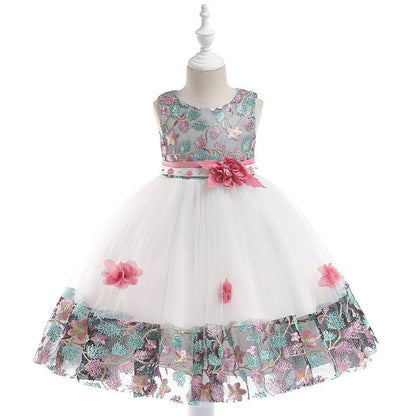 Sleeveless knee-length princess dress for girls, featuring beautiful floral embroidery.