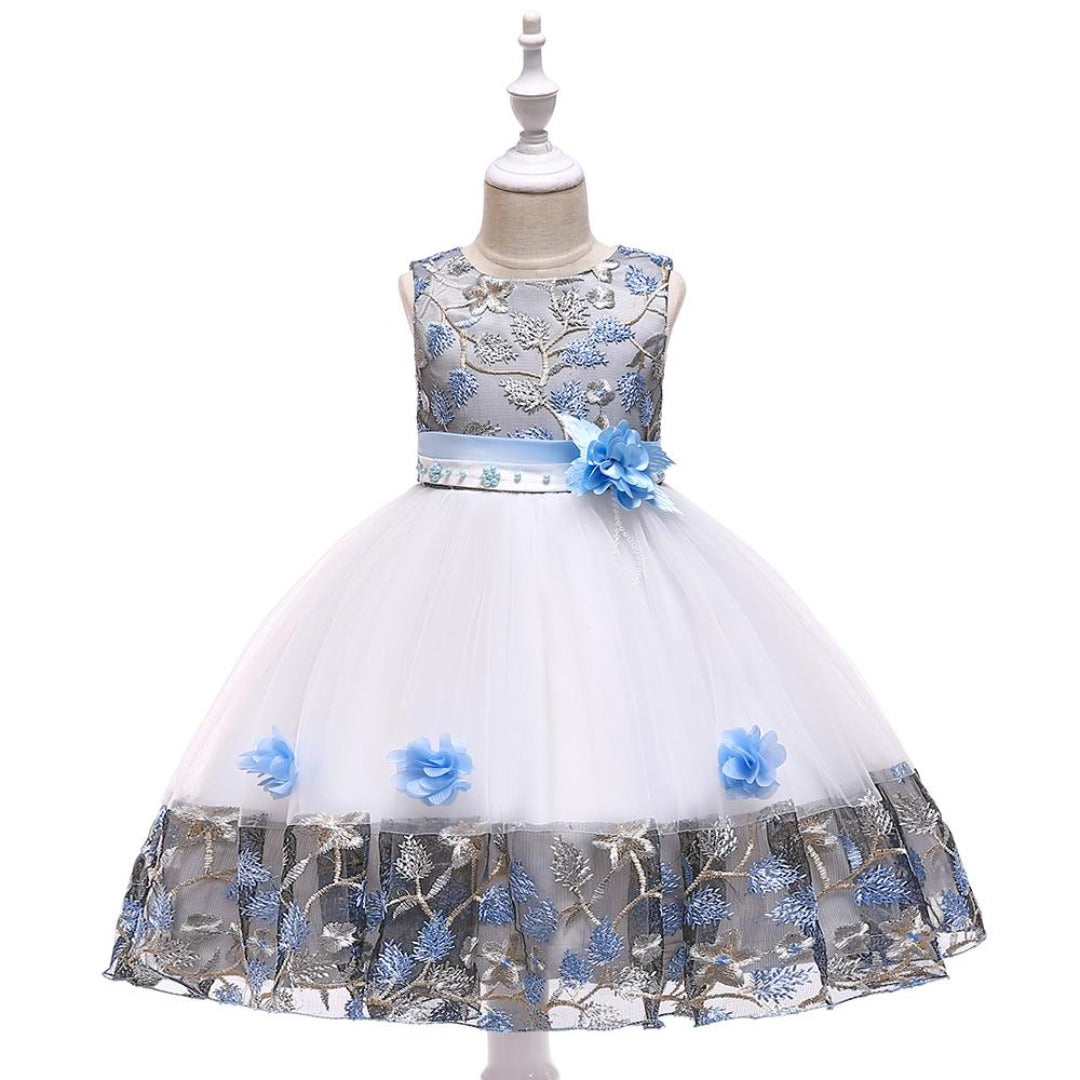 Kids' embroidered floral party dress, a charming choice for young girls' celebrations.