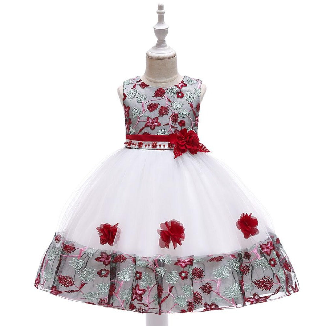 Beautiful floral embroidered sleeveless dress for girls, perfect for special events.