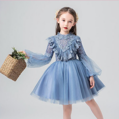 Girls' embroidered lace princess dress with puff sleeves and cape collar, perfect for special occasions