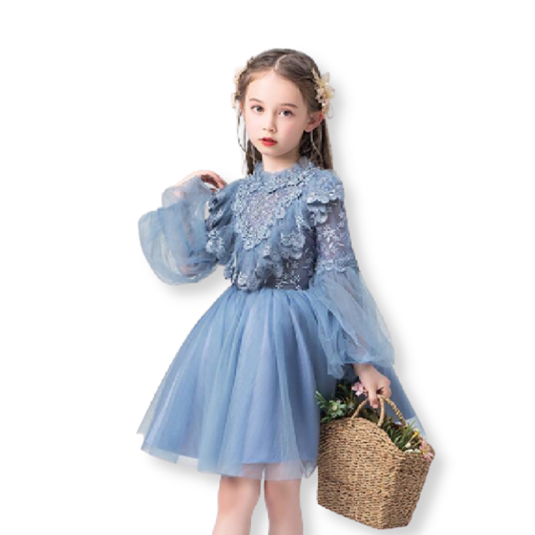 Toddler girl in an elegant white lace princess dress featuring delicate embroidery and cape collar