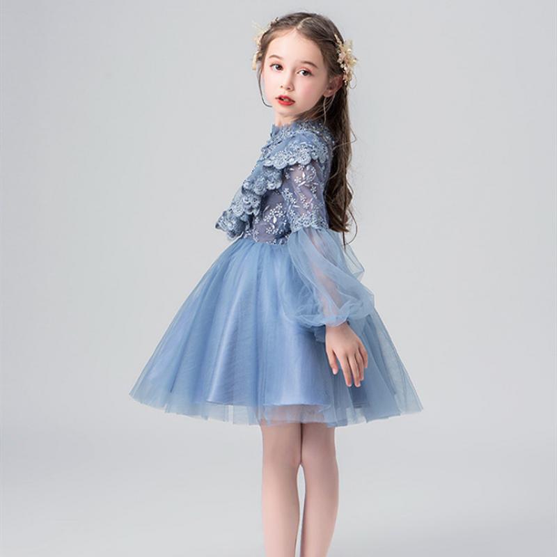 Girls' formal princess dress with intricate lace, embroidery, and stylish cape collar, ideal for kids
