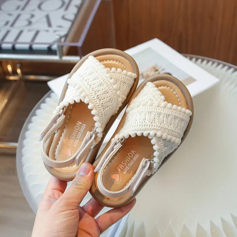 Girls' ethnic style summer beach sandals with soft sole, PU leather, and hook loop closure