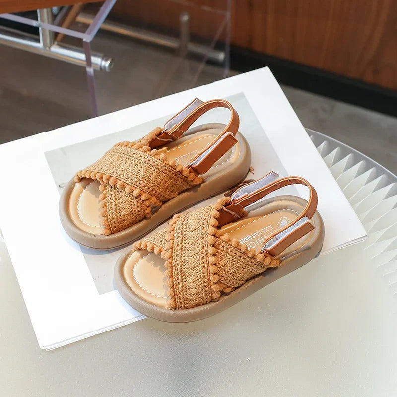 Child's casual sandals, soft sole kids beach shoes with hook loop closure in ethnic style