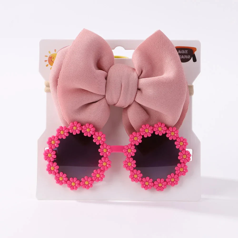Trendy girls' accessory set: chic sunglasses and a playful bow headband in vibrant colors