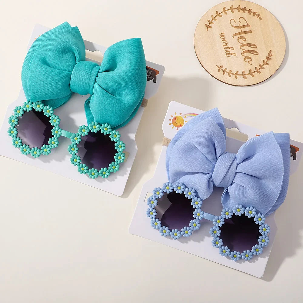 Complete accessory set: girls' cat-eye sunglasses and a soft fabric bow hairband for kids