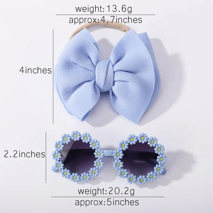 Model showcasing girls' sunglasses and a cute bow headband, ready for summer fun