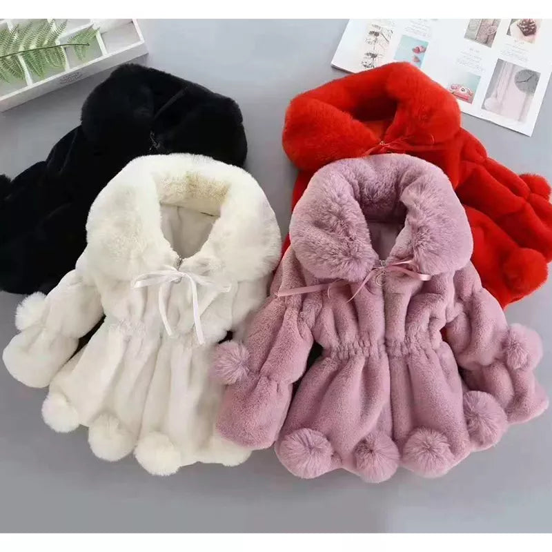 Girls' faux fur winter princess jacket, white, front view, for toddlers, warm & stylish kids outerwear