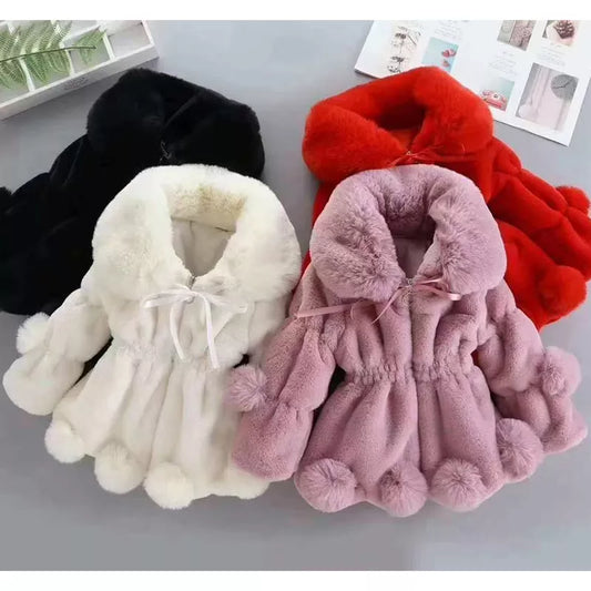 Girls' faux fur winter princess jacket, white, front view, for toddlers, warm & stylish kids outerwear