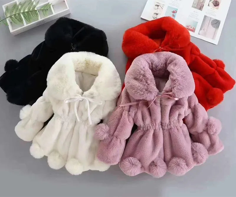 Girls' white faux fur princess jacket with a sparkly embellishment, stylish winter coat, baby clothing
