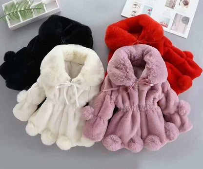 Girls' white faux fur princess jacket with a sparkly embellishment, stylish winter coat, baby clothing