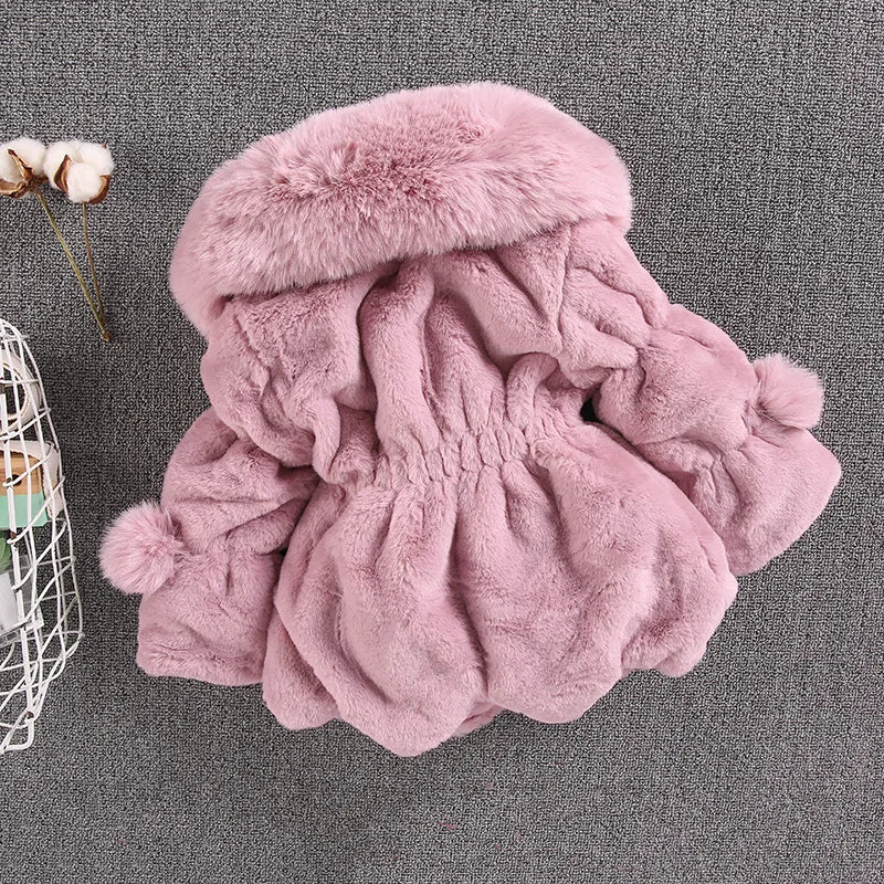White faux fur winter princess jacket, hood down, showcasing its elegant design for girls, toddler coat
