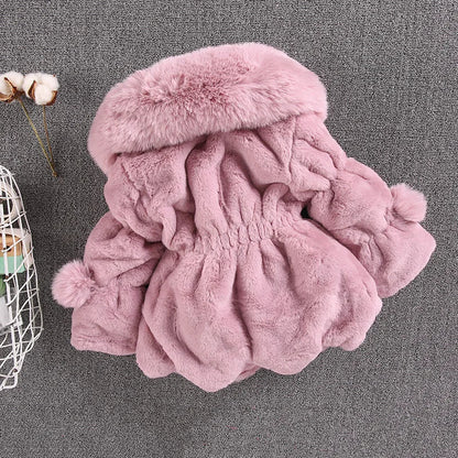 White faux fur winter princess jacket, hood down, showcasing its elegant design for girls, toddler coat