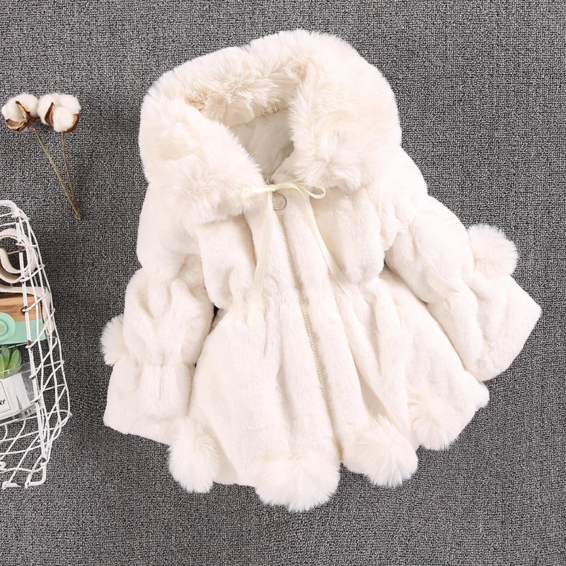 Girls' faux fur jacket, winter princess style, in a clean, bright white, adorable kids outerwear