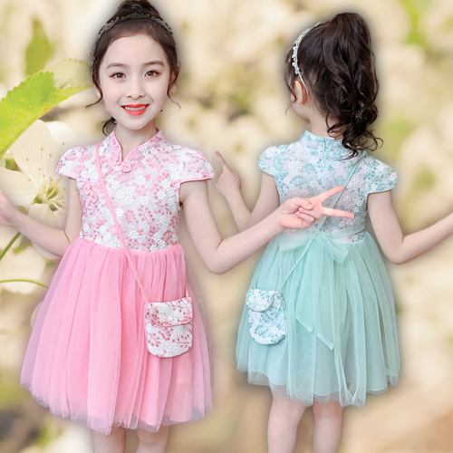 Embroidered mesh floral cheongsam dress for girls, ideal party or special occasion children clothing.