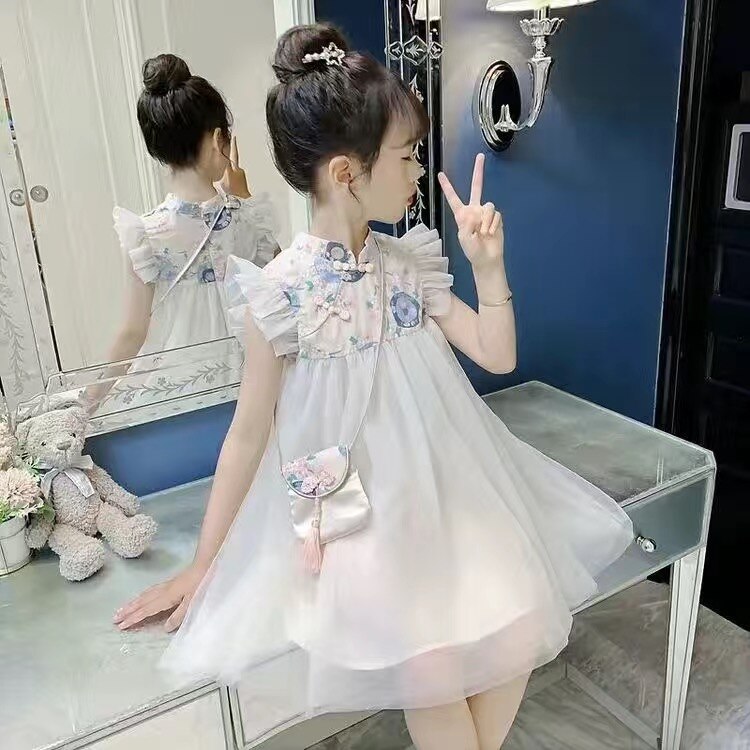 Kids' fashion floral cheongsam dress with matching bag, elegant & traditional Chinese style for girls.