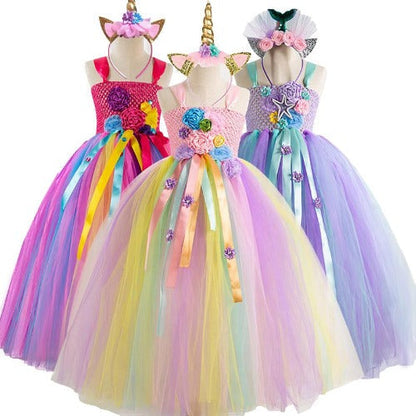 Girls' floral crochet top long tutu dress, perfect for a party or special occasion