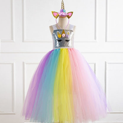 Kids' long party dress: delicate floral crochet top and full tutu skirt