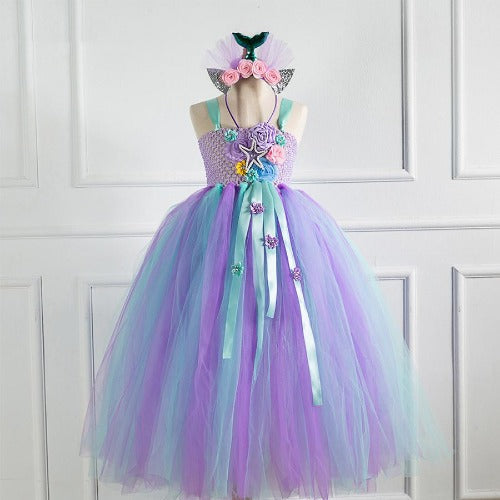 Elegant girls' party dress: floral crochet bodice & long layered tutu skirt