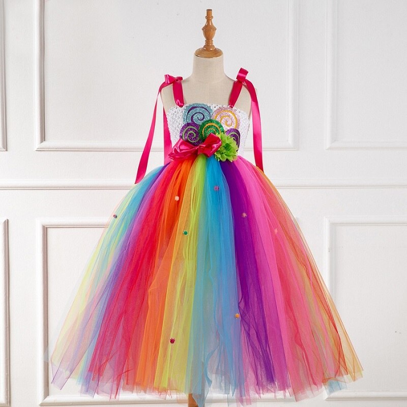 Princess-style long tutu dress with floral crochet top, ideal for special occasions