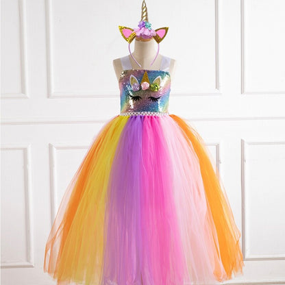 Sleeveless floral crochet top long tutu dress for toddlers, unicorn theme appropriate