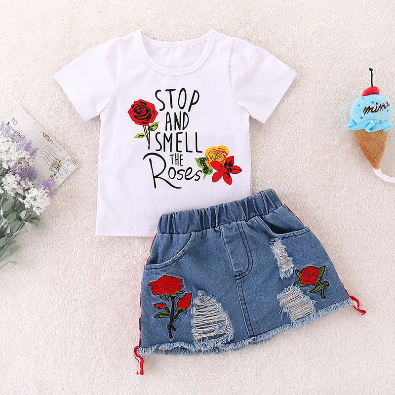 Girls' floral embroidered letter pullover and skirt set, cotton blend toddler outfit