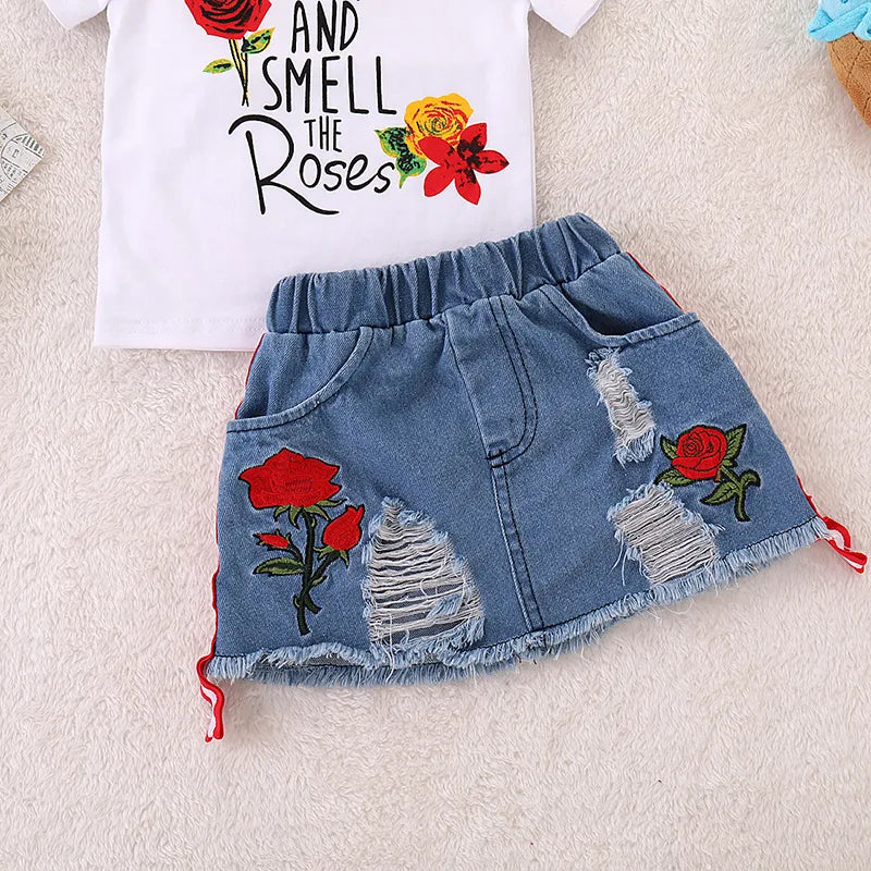 Girls' casual wear: floral print skirt and embroidered letter pullover, ideal for everyday