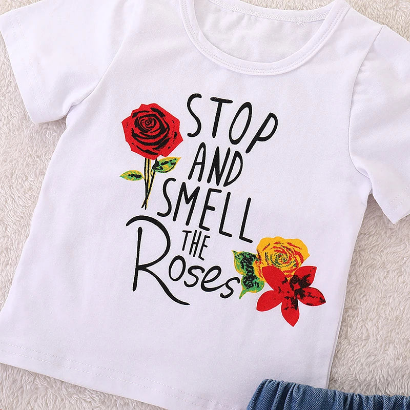 Girls' pullover and skirt set featuring floral embroidery, perfect comfortable summer outfit