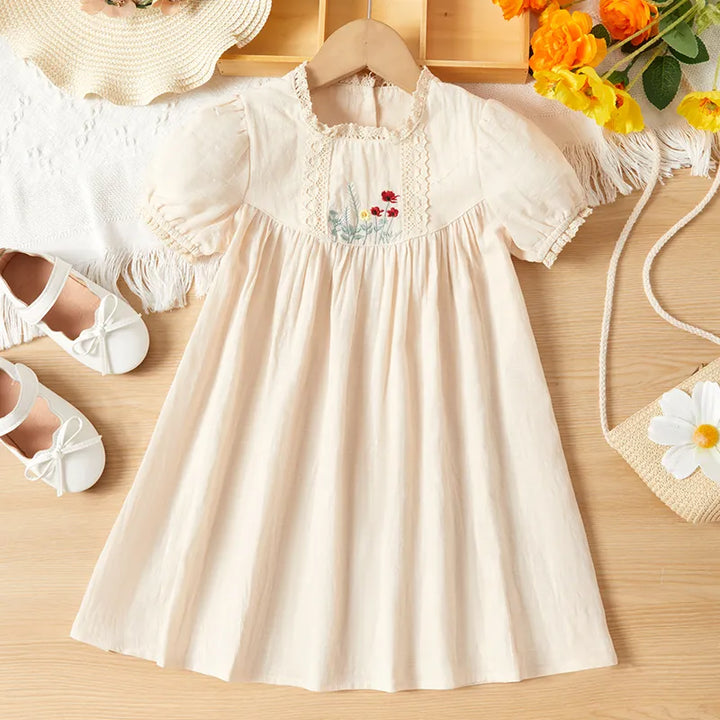 Girls' floral embroidered princess dress, pink, front view, for summer play
