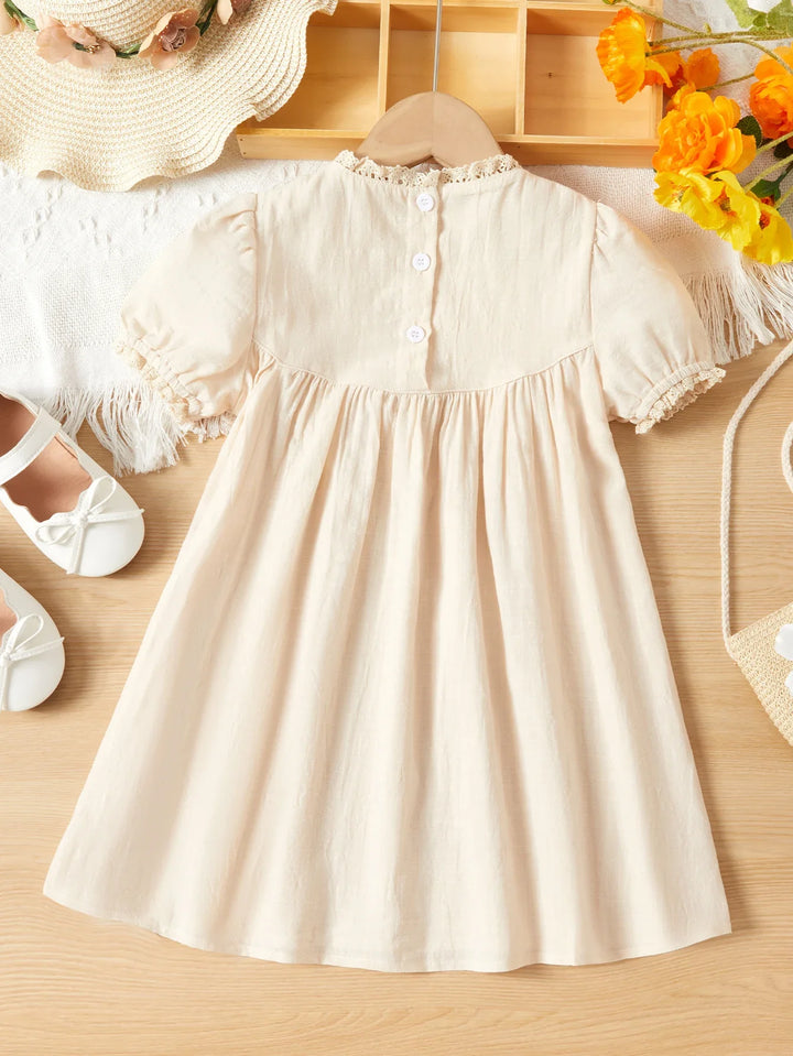 Toddler girl wearing a knee-length floral embroidered casual princess dress