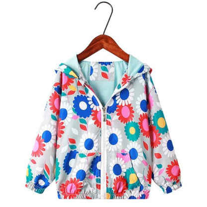 Girls' floral graffiti hooded windbreaker jacket, front view, vibrant & water-resistant for autumn