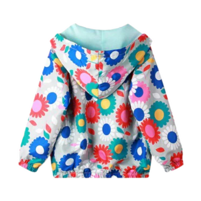 Pink floral graffiti hooded windbreaker jacket for girls, stylish kids outerwear, front zipper