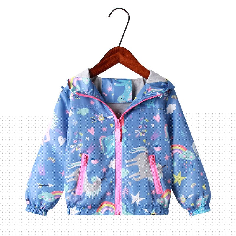 Close-up of floral graffiti print on girls' hooded windbreaker jacket, autumn fashion & durable