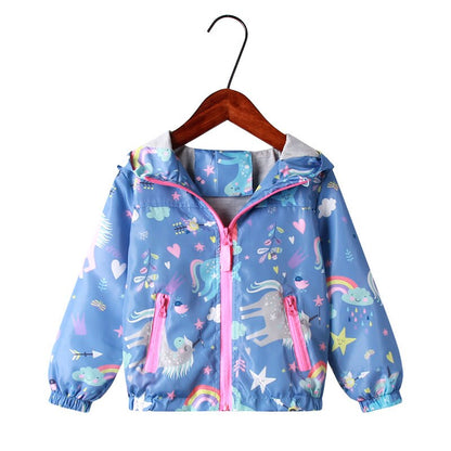 Close-up of floral graffiti print on girls' hooded windbreaker jacket, autumn fashion & durable