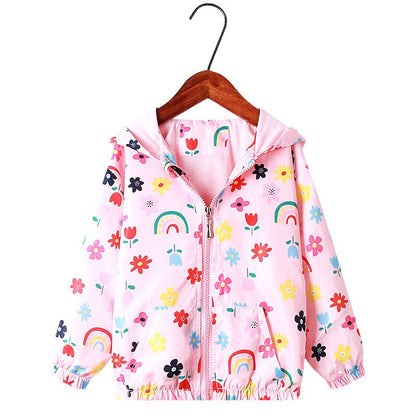 Detail of hoodie on girls' floral graffiti windbreaker jacket, cozy and water-resistant fabric