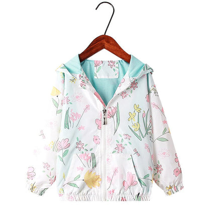 Girls' fashion: floral graffiti hooded windbreaker jacket with elastic cuffs for toddlers