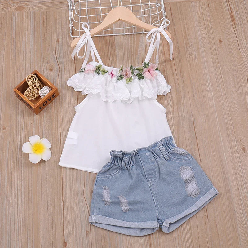 Girls' floral halter top and denim shorts set for toddlers, perfect summer playwear outfit
