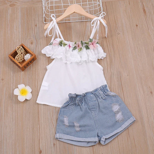 Girls' floral halter top and denim shorts set for toddlers, perfect summer playwear outfit