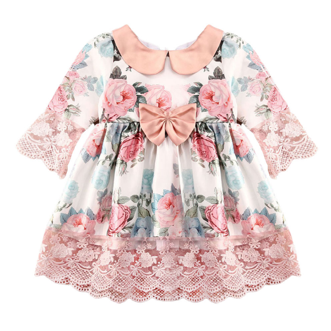 Girls' floral lace princess dress with bow, perfect for parties and summer wear. Toddler fashion.