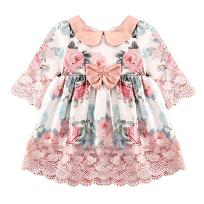 Girls' floral lace princess dress with bow, perfect for parties and summer wear. Toddler fashion.