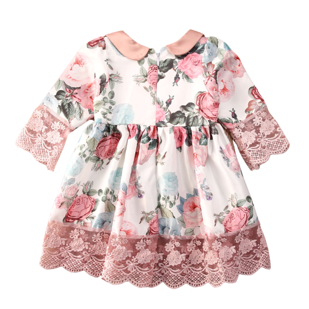 Cute baby gown: pink floral lace dress for girls, featuring a charming bow design.