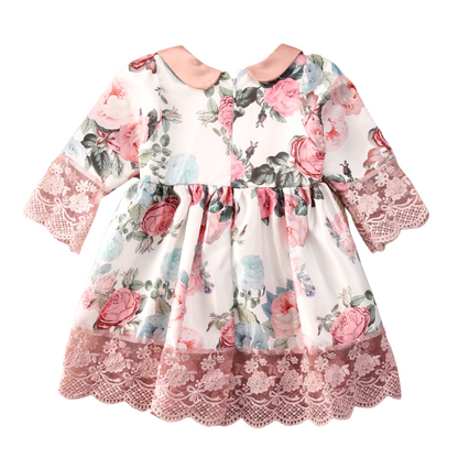 Cute baby gown: pink floral lace dress for girls, featuring a charming bow design.