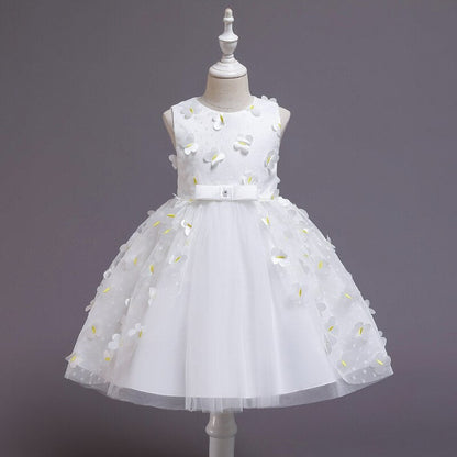 Girls' ball gown: white floral lace with beautiful embroidery and a large bow at the waist