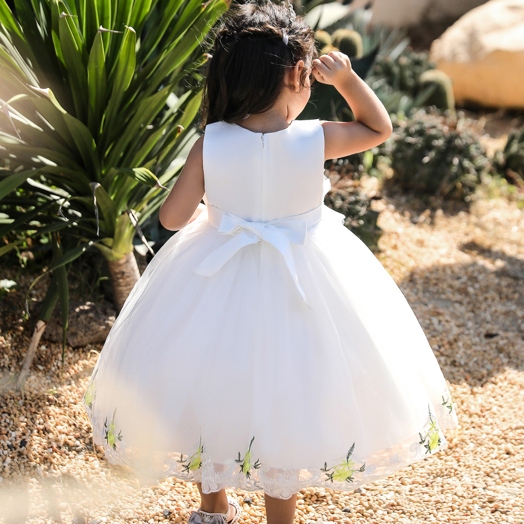 Kids' formal wear: floral embroidered princess dress with lace overlay and a decorative bow